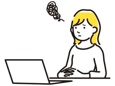 イラスト　パソコンを見つめてしかめっ面をする女性